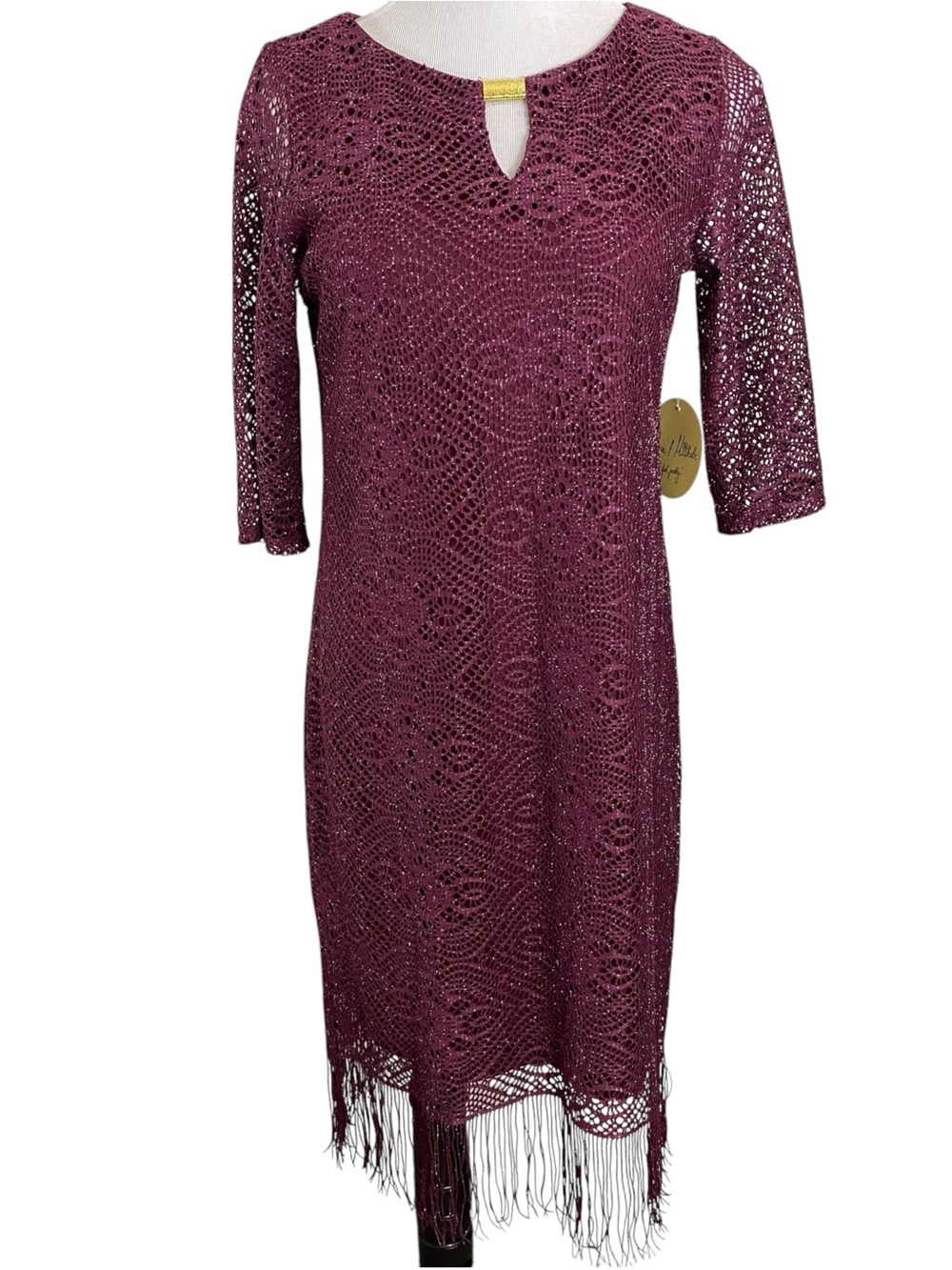 Emma & Michele Dress Size M Lined Fringe Cocktail Flapper Lace Overlay Wine